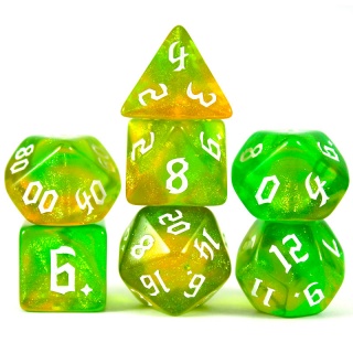 Dados de RPG - Conjunto 7 Dados Glitter - Verde e Amarelo - Dragonborn