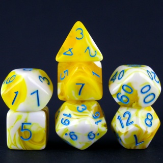 Dados de RPG - Conjunto 7 Dados Mesclados - Amarelo e Branco com Azul