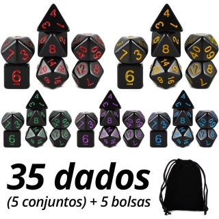 Kit 35 Dados Opacos Pretos (5 conjuntos) + 5 bolsas Dados de RPG