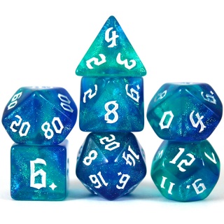 Conjunto 7 Dados Glitter - Azul e Verde - Dragonborn Dados de RPG