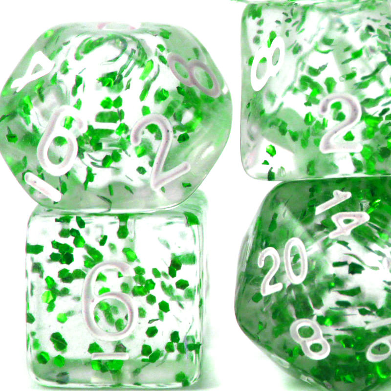 Conjunto 7 Dados Glitter - Transparente com Verde