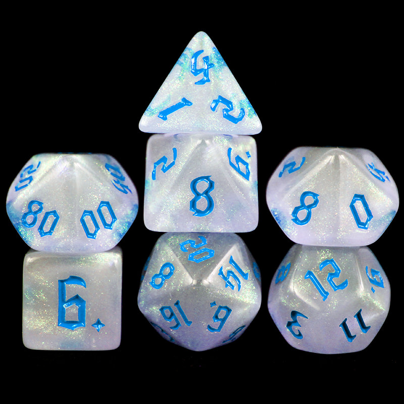Conjunto 7 Dados Glitter - Branco com Azul - Dragonborn