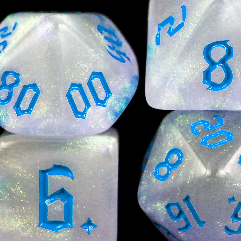 Conjunto 7 Dados Glitter - Branco com Azul - Dragonborn