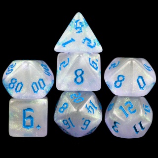 Conjunto 7 Dados Glitter - Branco com Azul - Dragonborn Dados de RPG