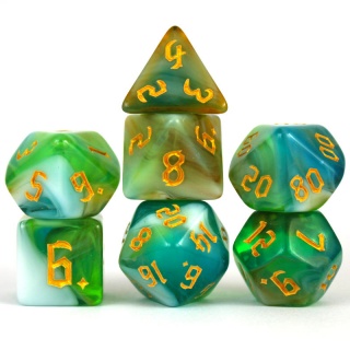 Conjunto 7 Dados Mesclados - Verde e Azul com Branco - Dragonborn Dados de RPG