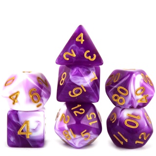 Dados de RPG - Conjunto 7 Dados Mesclados - Lilás e Branco com Dourado Dados de RPG